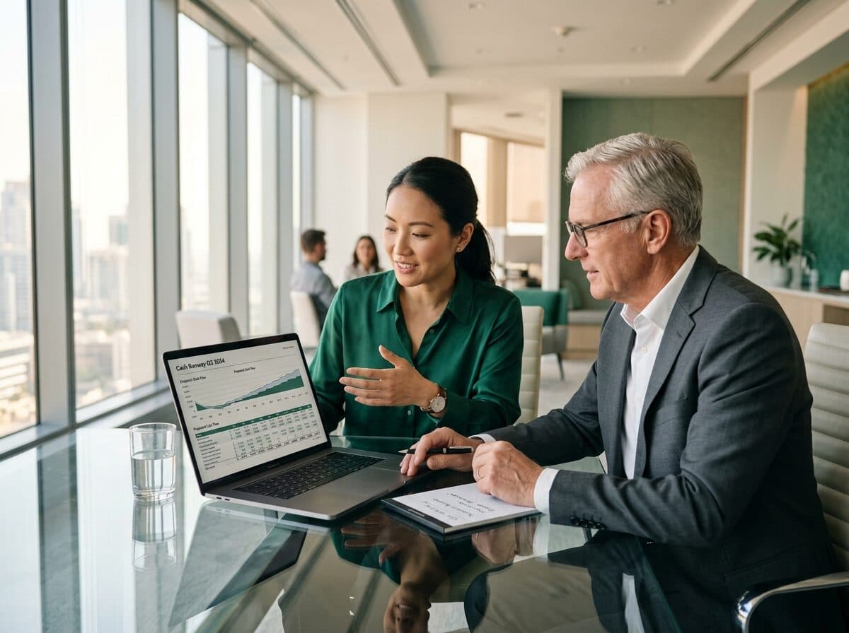 Senior financial controller reviewing 13-week cash runway model with founder